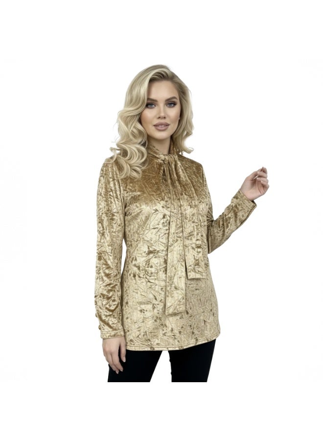 Smoky Egypt Crushed Velvet Tie-Neck Blouse-Beige - Image 2